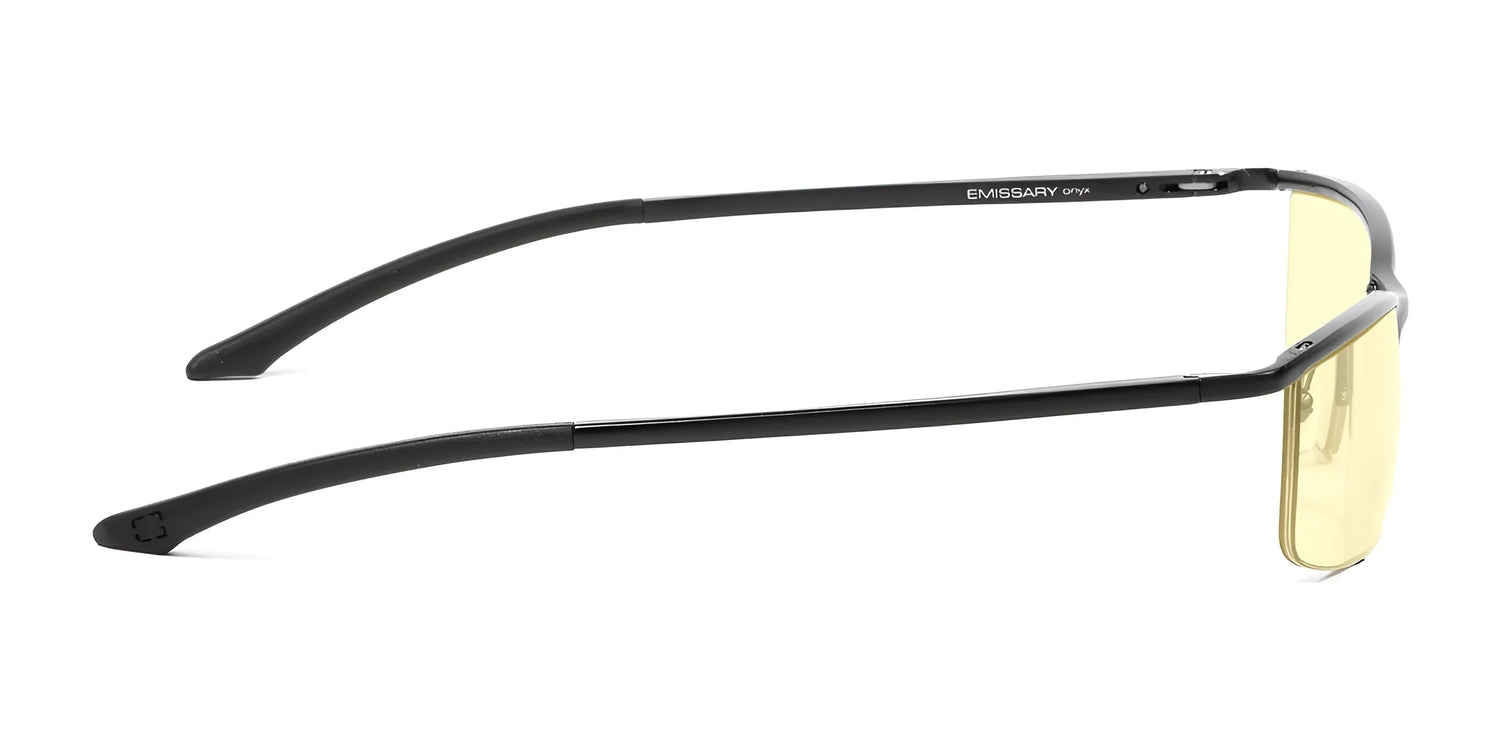 Side view of Gunnar Emissary Computer Glasses, size 55, by Gunnar, highlighting anti-reflective yellow-tinted lenses with UV protection on a white background. Side view of Gunnar Emissary Computer Glasses, size 55, by Gunnar, highlighting anti-reflective yellow-tinted lenses with UV protection on a white background.