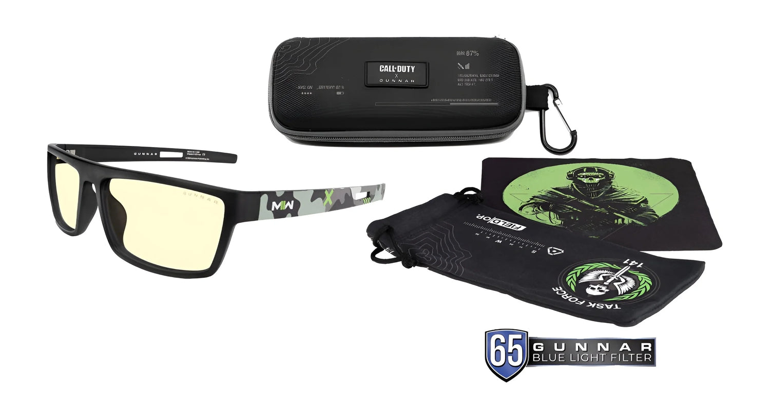 Introducing the Gunnar Call of Duty Tactical Edition Computer Glasses, Size 60. With a sleek camouflage design, they offer optimal Blue Light Protection through GUNNAR technology and include a hard case, soft pouch, and lens cloth with a masked figure. Ideal for gamers seeking style and safety. Introducing the Gunnar Call of Duty Tactical Edition Computer Glasses, Size 60. With a sleek camouflage design, they offer optimal Blue Light Protection through GUNNAR technology and include a hard case, soft pouch, and lens cloth with a masked figure. Ideal for gamers seeking style and safety.