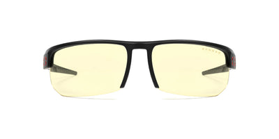 Gunnar Torpedo Computer Glasses in size 73 feature a black frame and yellow-tinted lenses for enhanced clarity and comfort. Designed by Gunnar for headset compatibility, they ensure an optimal experience against a white background.