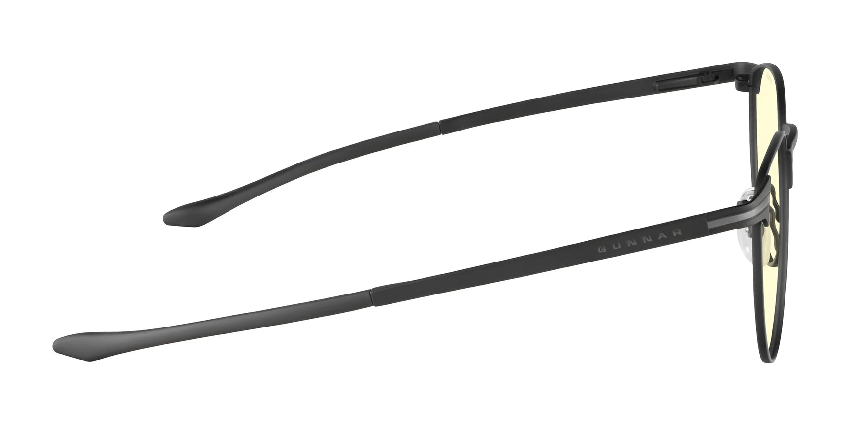 Side view of Gunnar Mateo Computer Glasses, size 52, showcasing black rims, yellow-tinted GUNNAR patented lenses with blue light blocking technology, and sleek, straight temples. Side view of Gunnar Mateo Computer Glasses, size 52, showcasing black rims, yellow-tinted GUNNAR patented lenses with blue light blocking technology, and sleek, straight temples.