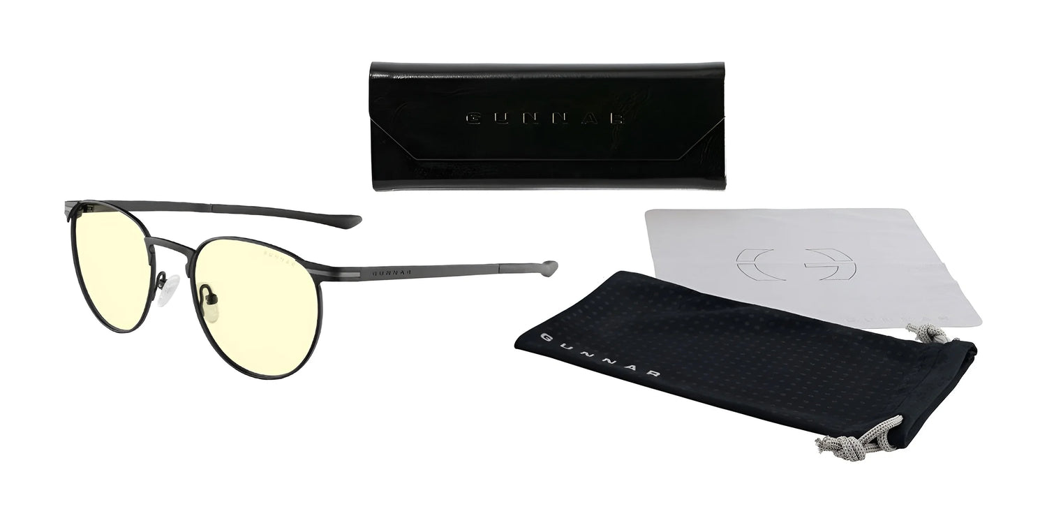 Gunnar Mateo Computer Glasses | Size 52, featuring a lightweight titanium frame with yellow lenses. Includes a black case, cleaning cloth, and fabric pouch. Enhanced by GUNNAR's patented lens technology for superior blue light blocking. Gunnar Mateo Computer Glasses | Size 52, featuring a lightweight titanium frame with yellow lenses. Includes a black case, cleaning cloth, and fabric pouch. Enhanced by GUNNAR's patented lens technology for superior blue light blocking.