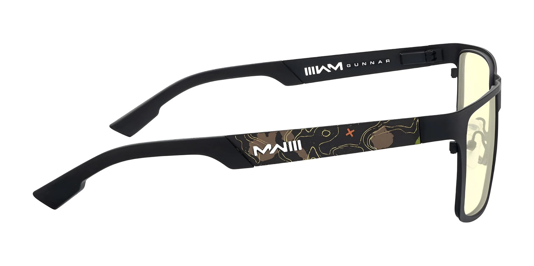 Side view of Gunnar Call of Duty UAV Edition computer glasses (Size 57) with map-like design on temples, yellow-tinted lenses, and an aluminum-magnesium forged frame. Side view of Gunnar Call of Duty UAV Edition computer glasses (Size 57) with map-like design on temples, yellow-tinted lenses, and an aluminum-magnesium forged frame.