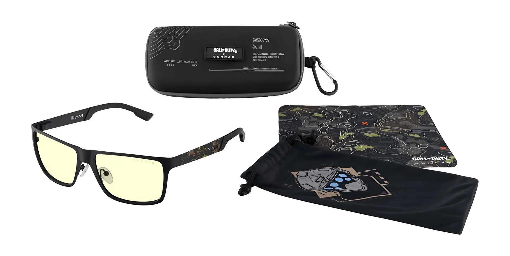 The Gunnar Call of Duty UAV Edition Computer Glasses feature a sleek aluminum-magnesium frame and come with a black logo case. They include a map-design cleaning cloth and robot graphic pouch, are blue light-blocking, and perfect for gamers. The Gunnar Call of Duty UAV Edition Computer Glasses feature a sleek aluminum-magnesium frame and come with a black logo case. They include a map-design cleaning cloth and robot graphic pouch, are blue light-blocking, and perfect for gamers.