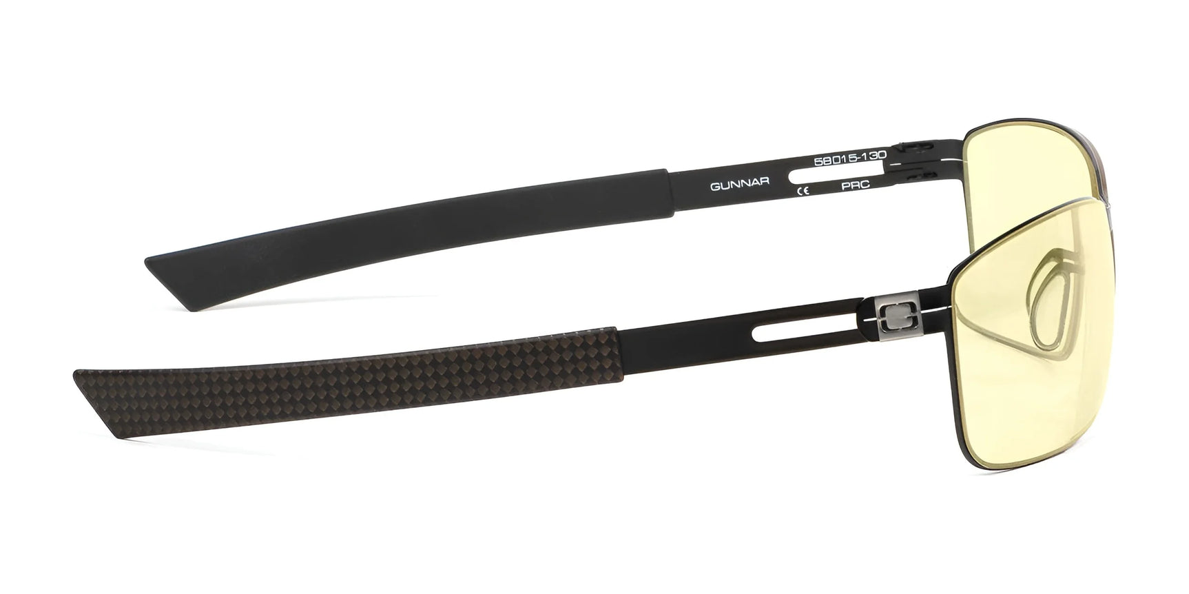 Side view of Gunnar's Vayper Computer Glasses, size 58, featuring yellow-tinted lenses, black frames, adjustable silicone nose pads, and the brand name on the arm. Side view of Gunnar's Vayper Computer Glasses, size 58, featuring yellow-tinted lenses, black frames, adjustable silicone nose pads, and the brand name on the arm.