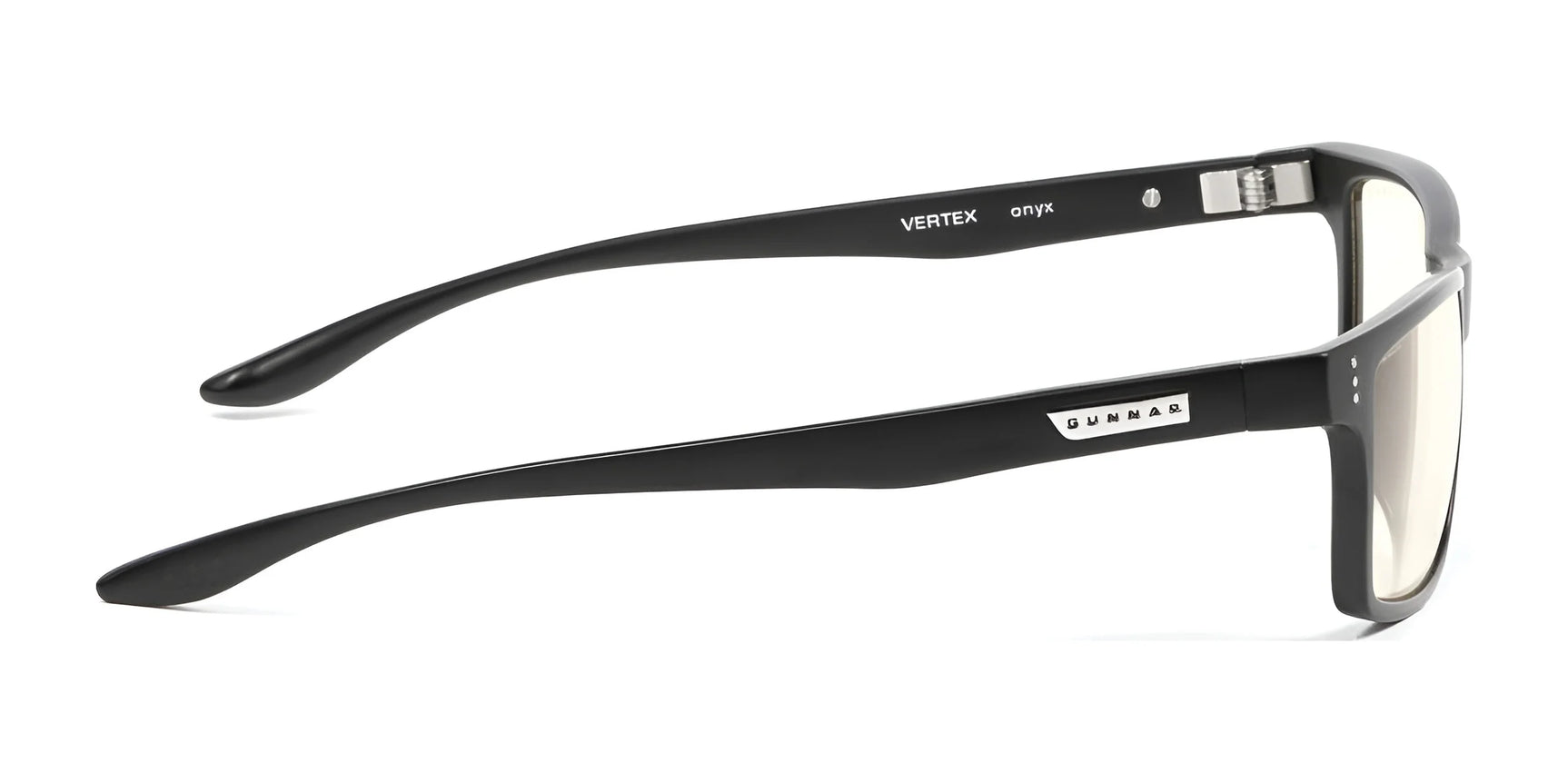 Sleek side view of Gunnar Vertex Computer Glasses with durable black nylon frames and clear lenses, designed by Gunnar for optimal blue light protection, set against a pristine white background. Sleek side view of Gunnar Vertex Computer Glasses with durable black nylon frames and clear lenses, designed by Gunnar for optimal blue light protection, set against a pristine white background.