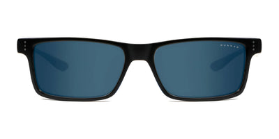 Gunnar Vertex Reading Sunglasses, size 55, feature a sleek black rectangular frame with dark blue lenses for stylish blue light protection, set against a white background.