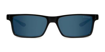 Gunnar Vertex Sunglasses feature black rectangular design, durable nylon frame, blue UV-protective lenses, and small silver dots near the hinges. Size 55.
