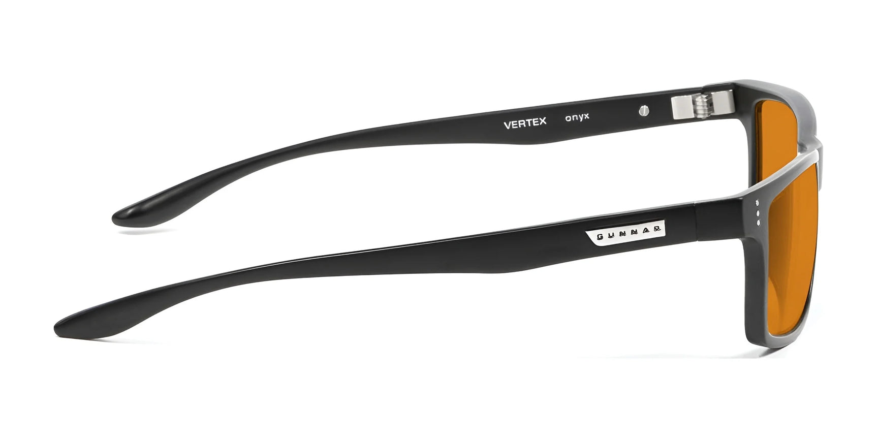 Side view of Gunnar Vertex Computer Glasses, showcasing a durable nylon frame with black edges and orange lenses, featuring "Vertex" on the inner arm. Side view of Gunnar Vertex Computer Glasses, showcasing a durable nylon frame with black edges and orange lenses, featuring "Vertex" on the inner arm.