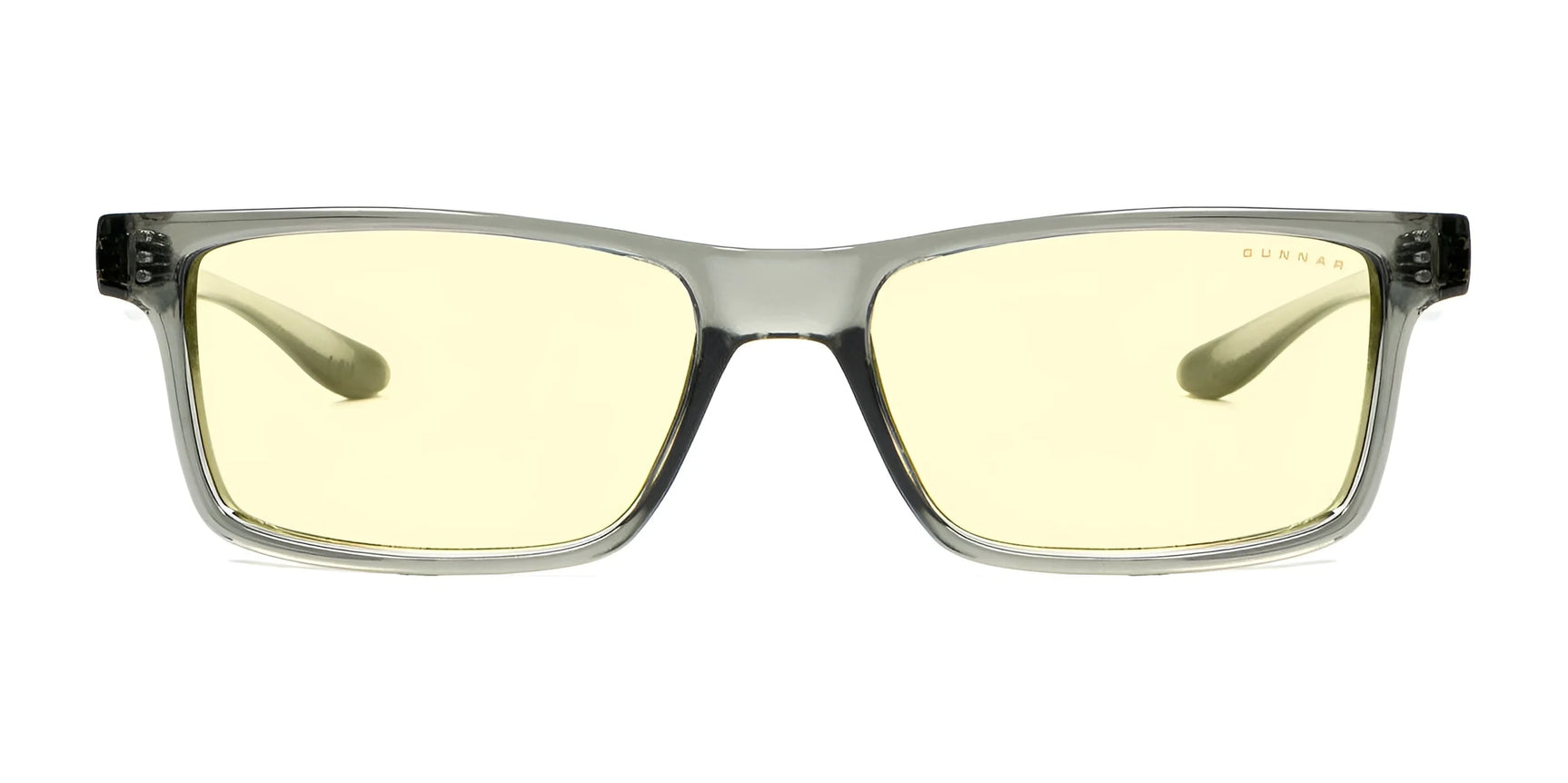 Front view of Gunnar Vertex Reading Computer Glasses in transparent gray nylon frames paired with yellow-tinted lenses, enhanced by a G-Shield coating for durability. Size 55. Front view of Gunnar Vertex Reading Computer Glasses in transparent gray nylon frames paired with yellow-tinted lenses, enhanced by a G-Shield coating for durability. Size 55.