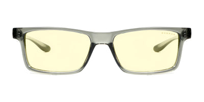 Front view of Gunnar Vertex Reading Computer Glasses in transparent gray nylon frames paired with yellow-tinted lenses, enhanced by a G-Shield coating for durability. Size 55.