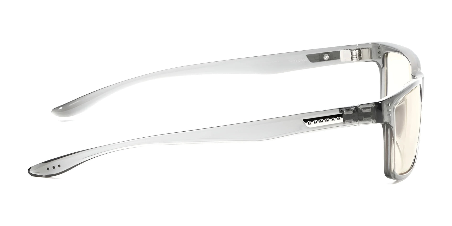 Side view of Gunnar Vertex Reading Computer Glasses with rectangular lenses featuring G-Shield coating and a clear, durable nylon frame, size 55. Side view of Gunnar Vertex Reading Computer Glasses with rectangular lenses featuring G-Shield coating and a clear, durable nylon frame, size 55.