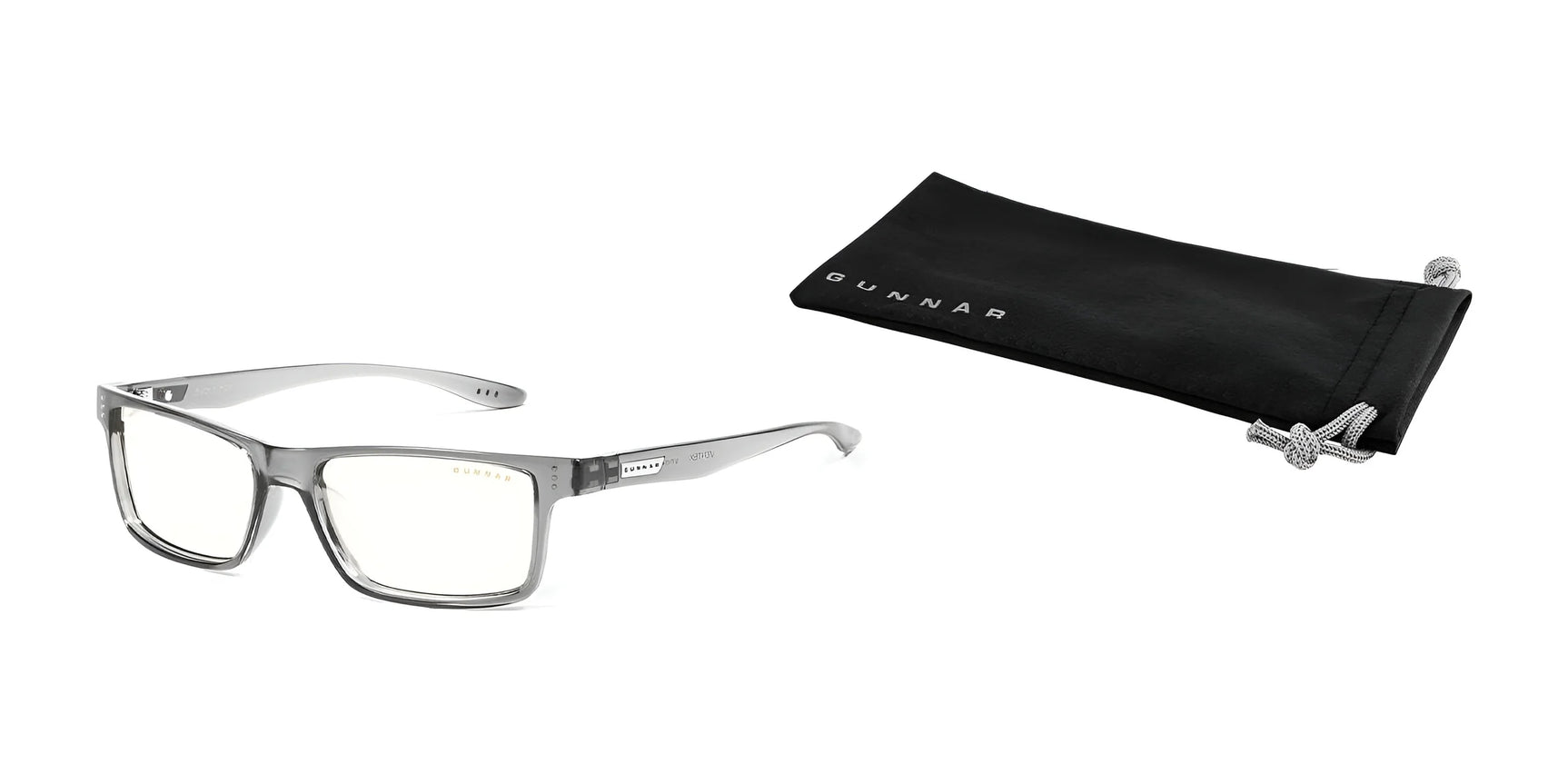 Gunnar Vertex Reading Computer Glasses, Size 55, feature G-Shield lens coating for blue light protection and come with a black pouch labeled 'Gunnar' on a white background. Gunnar Vertex Reading Computer Glasses, Size 55, feature G-Shield lens coating for blue light protection and come with a black pouch labeled 'Gunnar' on a white background.