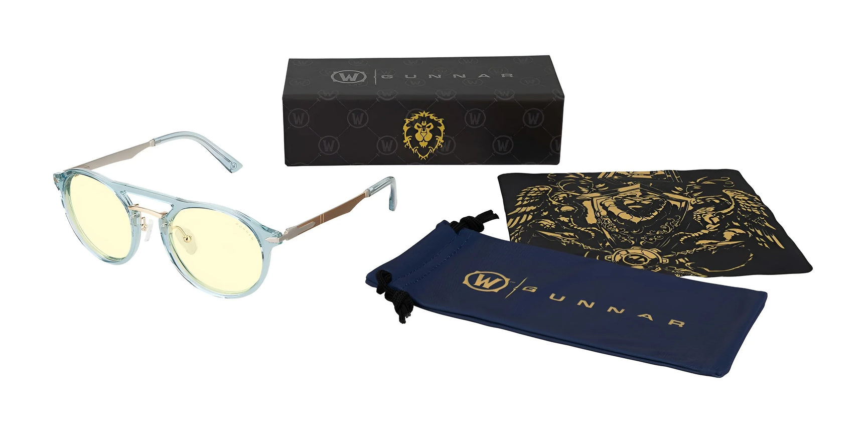 Introducing Gunnar's Warcraft Alliance Edition glasses, perfect for avid World of Warcraft fans. These blue light glasses are elegantly packaged in a black box with a lens cloth and a stylish navy blue pouch for ultimate protection and convenience. Introducing Gunnar's Warcraft Alliance Edition glasses, perfect for avid World of Warcraft fans. These blue light glasses are elegantly packaged in a black box with a lens cloth and a stylish navy blue pouch for ultimate protection and convenience.