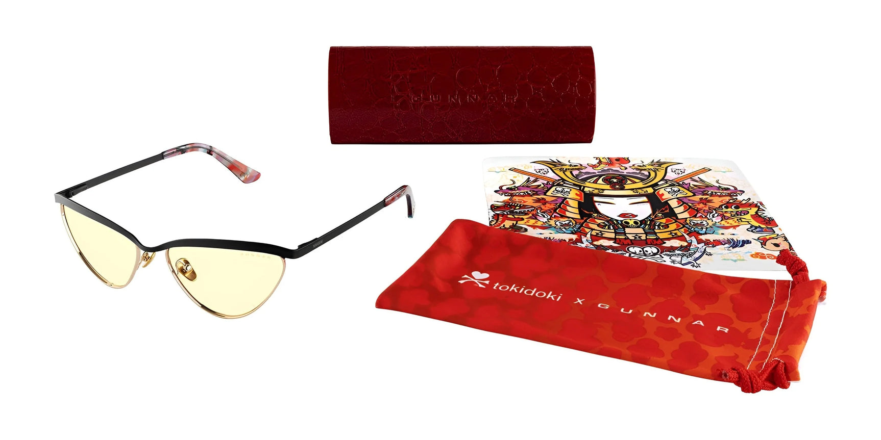 The black and gold Gunnar Tokidoki Year of the Dragon Computer Glasses in size 52 come with a red case and colorful pouch, featuring an illustrated design inspired by Chinese dragons. The black and gold Gunnar Tokidoki Year of the Dragon Computer Glasses in size 52 come with a red case and colorful pouch, featuring an illustrated design inspired by Chinese dragons.