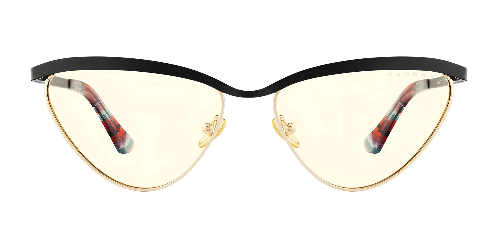 The Gunnar Tokidoki Year of the Dragon Computer Glasses feature a black cat-eye frame with gold rims and translucent yellow lenses using GUNNAR technology. The red-patterned arms add flair, reminiscent of Tokidoki style. Size 52. The Gunnar Tokidoki Year of the Dragon Computer Glasses feature a black cat-eye frame with gold rims and translucent yellow lenses using GUNNAR technology. The red-patterned arms add flair, reminiscent of Tokidoki style. Size 52.