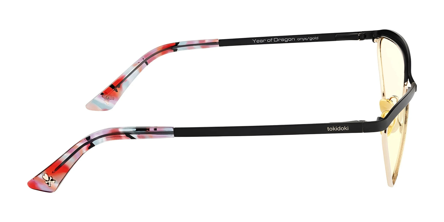 Side view of Gunnar Tokidoki Year of the Dragon Computer Glasses, showcasing black frames with multicolored temples inspired by Chinese dragon motifs and featuring gold GUNNAR lens technology. Side view of Gunnar Tokidoki Year of the Dragon Computer Glasses, showcasing black frames with multicolored temples inspired by Chinese dragon motifs and featuring gold GUNNAR lens technology.