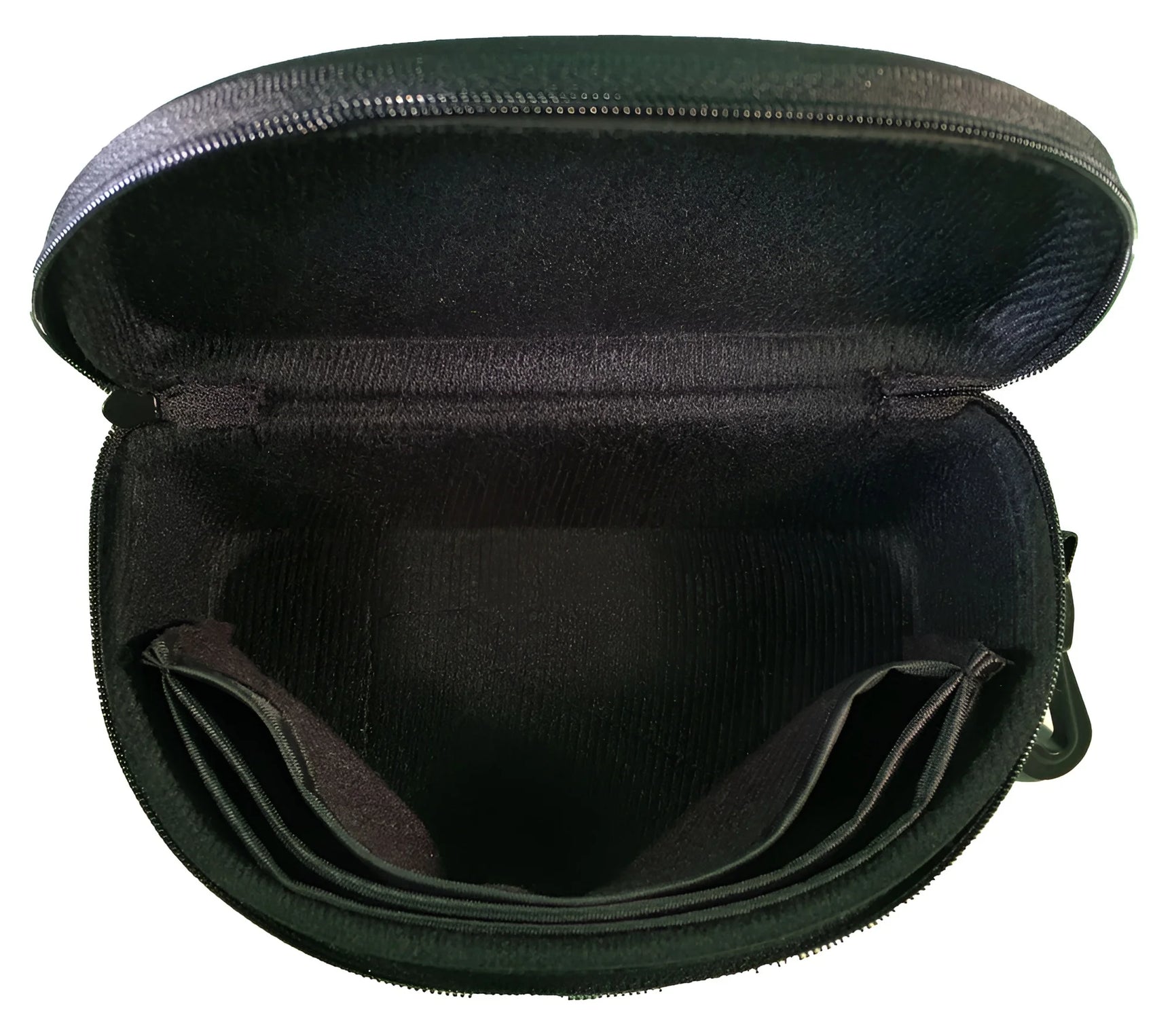 Heavyglare Eyewear's Heavyglare Hard Case, shown open from above, features black zippered design and empty compartments for glasses storage. Heavyglare Eyewear's Heavyglare Hard Case, shown open from above, features black zippered design and empty compartments for glasses storage.