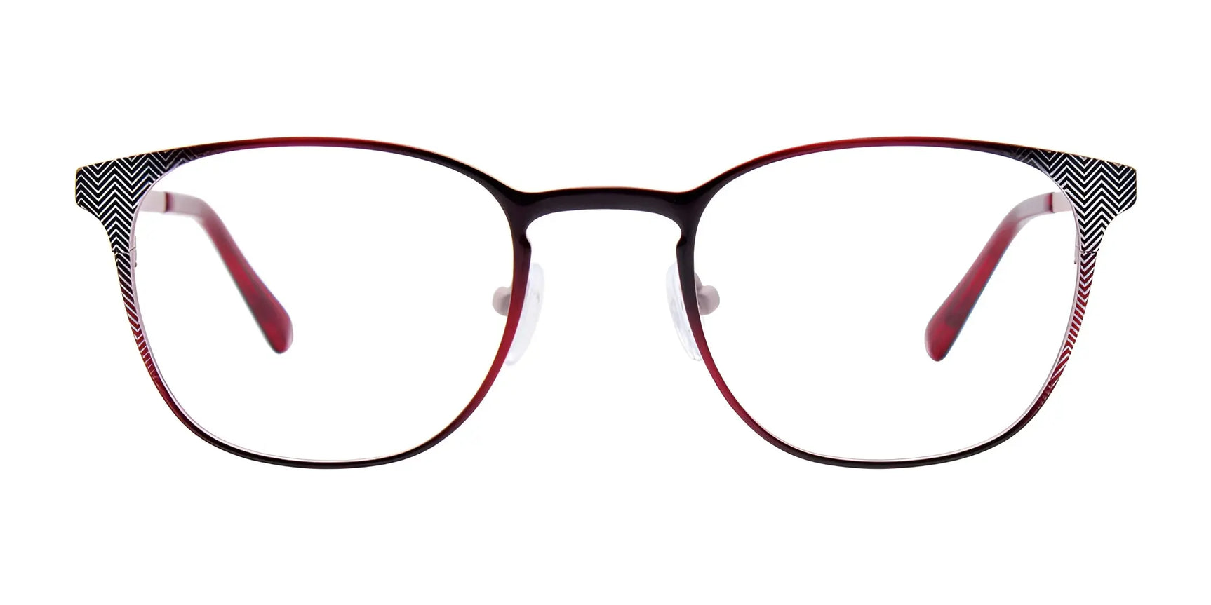 The iCHILL C7002 Eyeglasses | Size 48 feature red and black rectangular frames with patterned corners, blending style and function. Prescription-ready from iCHILL, these glasses stand out against a crisp white background. The iCHILL C7002 Eyeglasses | Size 48 feature red and black rectangular frames with patterned corners, blending style and function. Prescription-ready from iCHILL, these glasses stand out against a crisp white background.