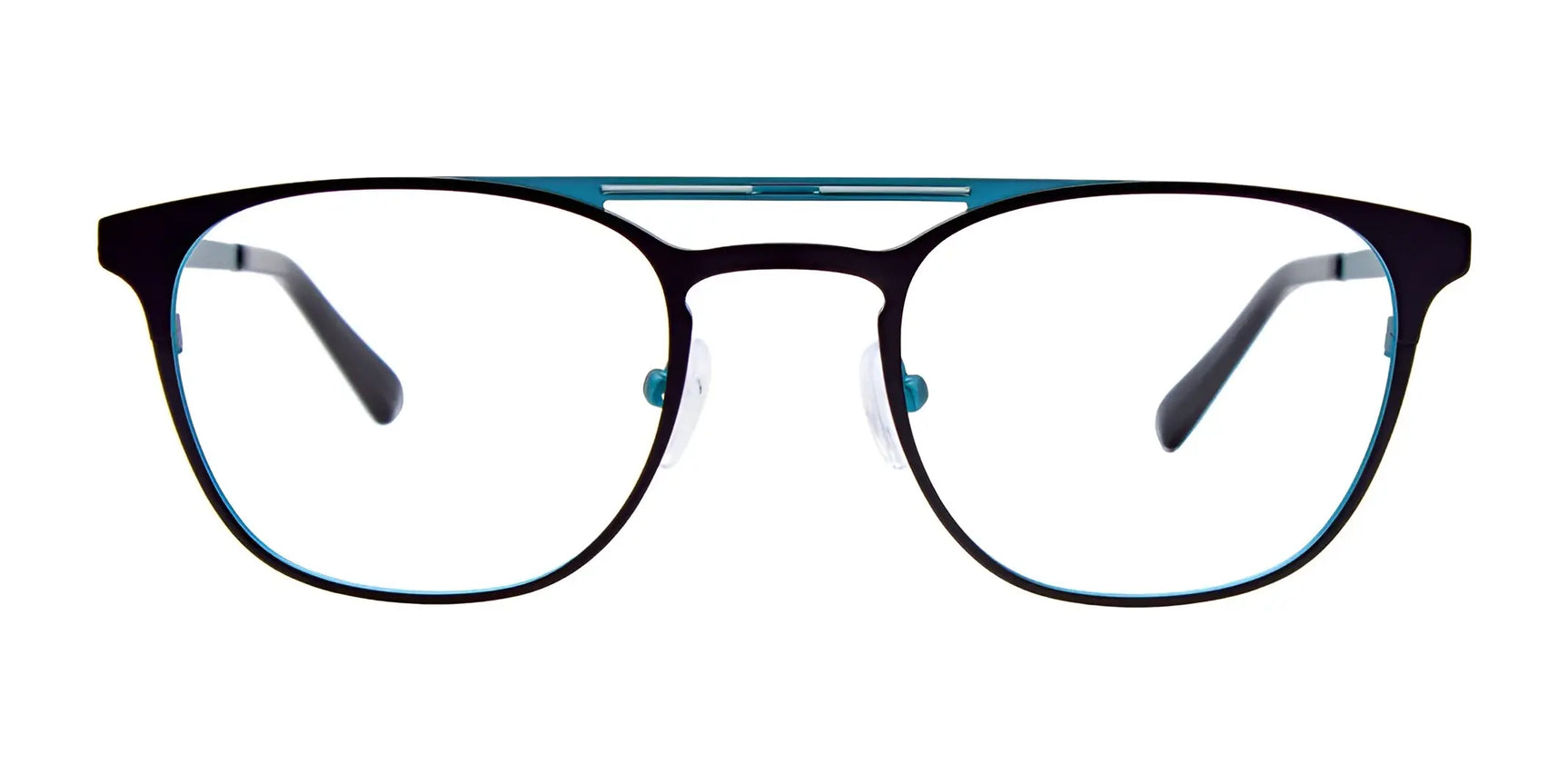 The iCHILL C7005 Eyeglasses by iCHILL, size 48, are square full-rim frames in black and teal stainless steel with clear lenses, displayed on a white background. The iCHILL C7005 Eyeglasses by iCHILL, size 48, are square full-rim frames in black and teal stainless steel with clear lenses, displayed on a white background.