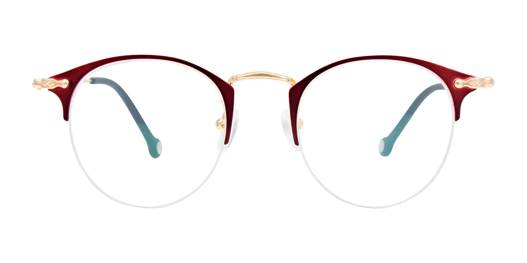 The iCHILL C7023 Eyeglasses | Size 46 feature a lightweight round frame with thin gold rims and red top accents, shown against a white background. The iCHILL C7023 Eyeglasses | Size 46 feature a lightweight round frame with thin gold rims and red top accents, shown against a white background.