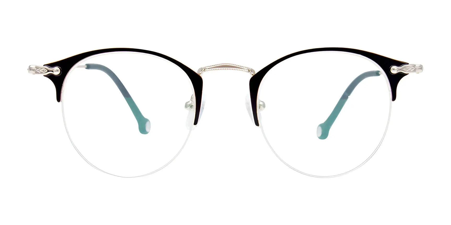 The iCHILL C7023 Eyeglasses by iCHILL feature a lightweight frame, round black rims, clear lenses, and teal-tipped temple arms, shown in a front view. Size 46. The iCHILL C7023 Eyeglasses by iCHILL feature a lightweight frame, round black rims, clear lenses, and teal-tipped temple arms, shown in a front view. Size 46.