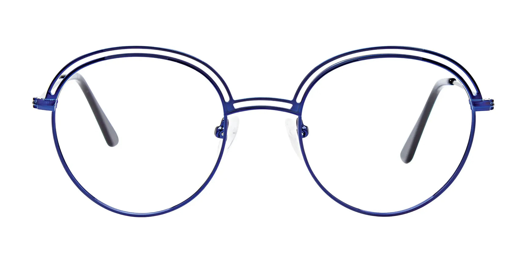 The iCHILL C7027 Eyeglasses by iCHILL feature round blue metal frames with a double bridge and black temple tips, offering an elegant women's eyewear option shown against a white background. The iCHILL C7027 Eyeglasses by iCHILL feature round blue metal frames with a double bridge and black temple tips, offering an elegant women's eyewear option shown against a white background.