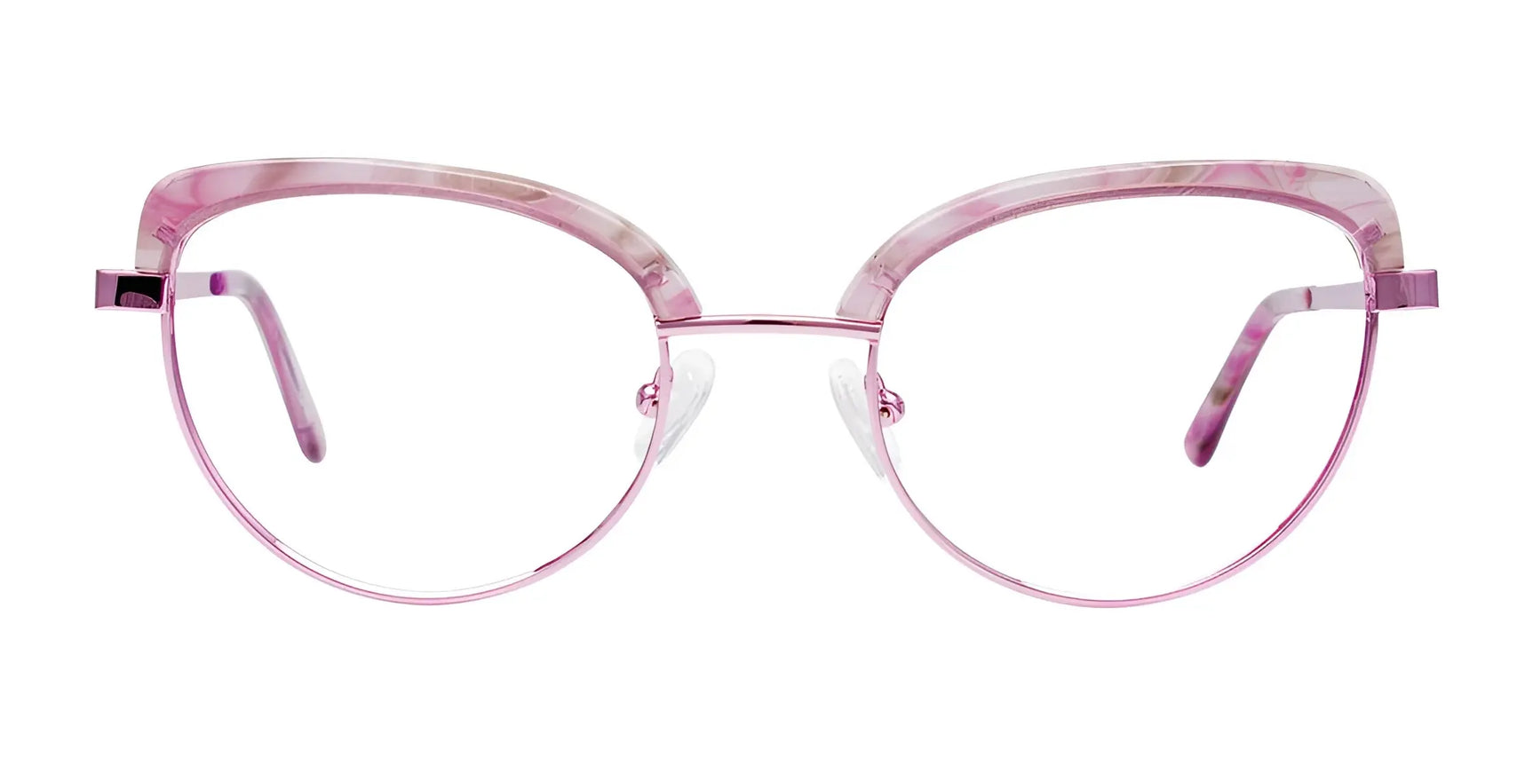 ICHILL C7029 Eyeglasses | Size 52: Pink full-rim cat-eye frames with clear lenses and a metal bridge, by iCHILL, shown front view on a white background. ICHILL C7029 Eyeglasses | Size 52: Pink full-rim cat-eye frames with clear lenses and a metal bridge, by iCHILL, shown front view on a white background.