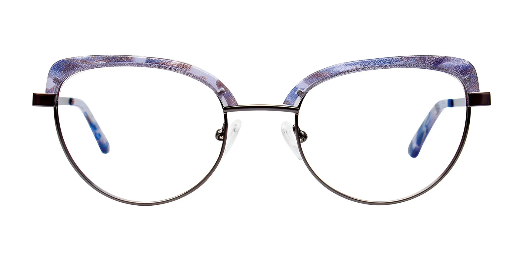 The iCHILL C7029 Eyeglasses | Size 52 feature a thin full-rim metal frame with stylish purple patterned accents on the upper rims and temples from iCHILL. The iCHILL C7029 Eyeglasses | Size 52 feature a thin full-rim metal frame with stylish purple patterned accents on the upper rims and temples from iCHILL.