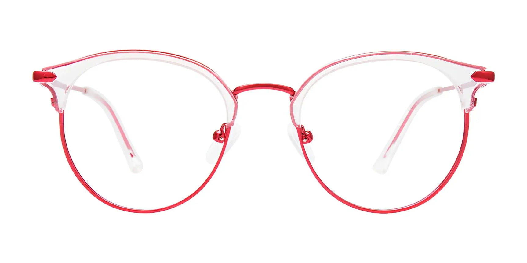 The iCHILL C7038 Eyeglasses | Size 50 feature a red, round metal frame with clear nose pads and slightly upswept corners, combining modern style and comfort from the iCHILL brand. The iCHILL C7038 Eyeglasses | Size 50 feature a red, round metal frame with clear nose pads and slightly upswept corners, combining modern style and comfort from the iCHILL brand.