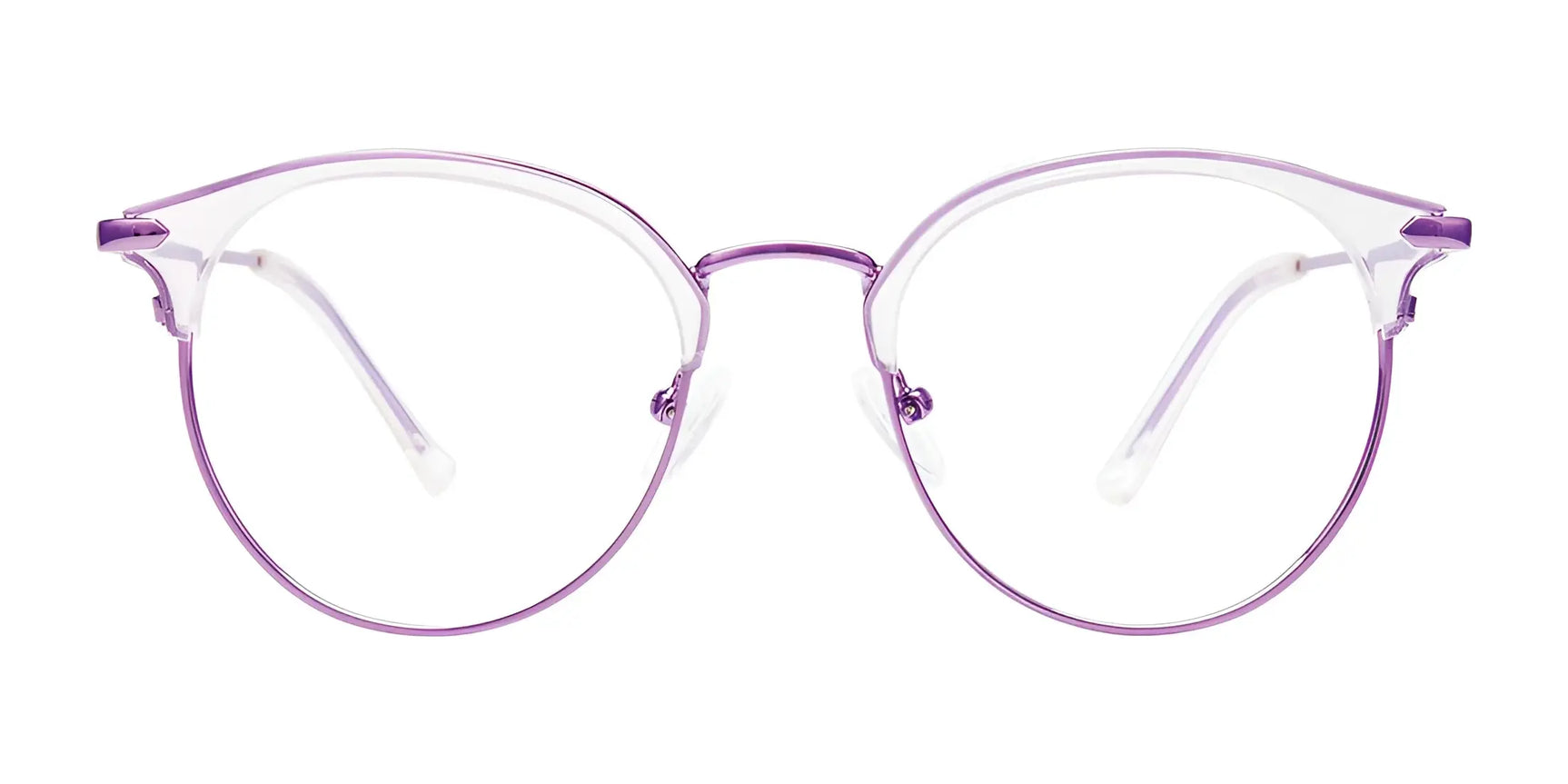 The iCHILL C7038 Eyeglasses | Size 50 by iCHILL feature purple round frames and clear nose pads for a modern style and comfortable fit, displayed on a white background. The iCHILL C7038 Eyeglasses | Size 50 by iCHILL feature purple round frames and clear nose pads for a modern style and comfortable fit, displayed on a white background.