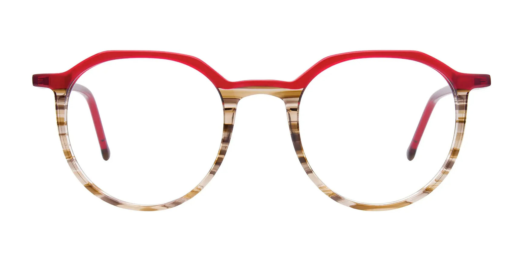 The iCHILL C7039 Eyeglasses | Size 49 by iCHILL feature a durable design with a red upper frame and translucent brown and beige stripes below. The iCHILL C7039 Eyeglasses | Size 49 by iCHILL feature a durable design with a red upper frame and translucent brown and beige stripes below.