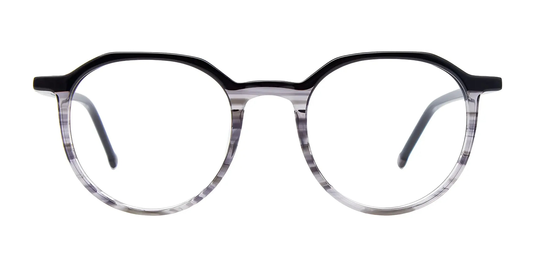 The iCHILL C7039 Eyeglasses | Size 49 by iCHILL feature round black frames with a clear fade at the bottom, durable construction, and are shown on a white background. The iCHILL C7039 Eyeglasses | Size 49 by iCHILL feature round black frames with a clear fade at the bottom, durable construction, and are shown on a white background.