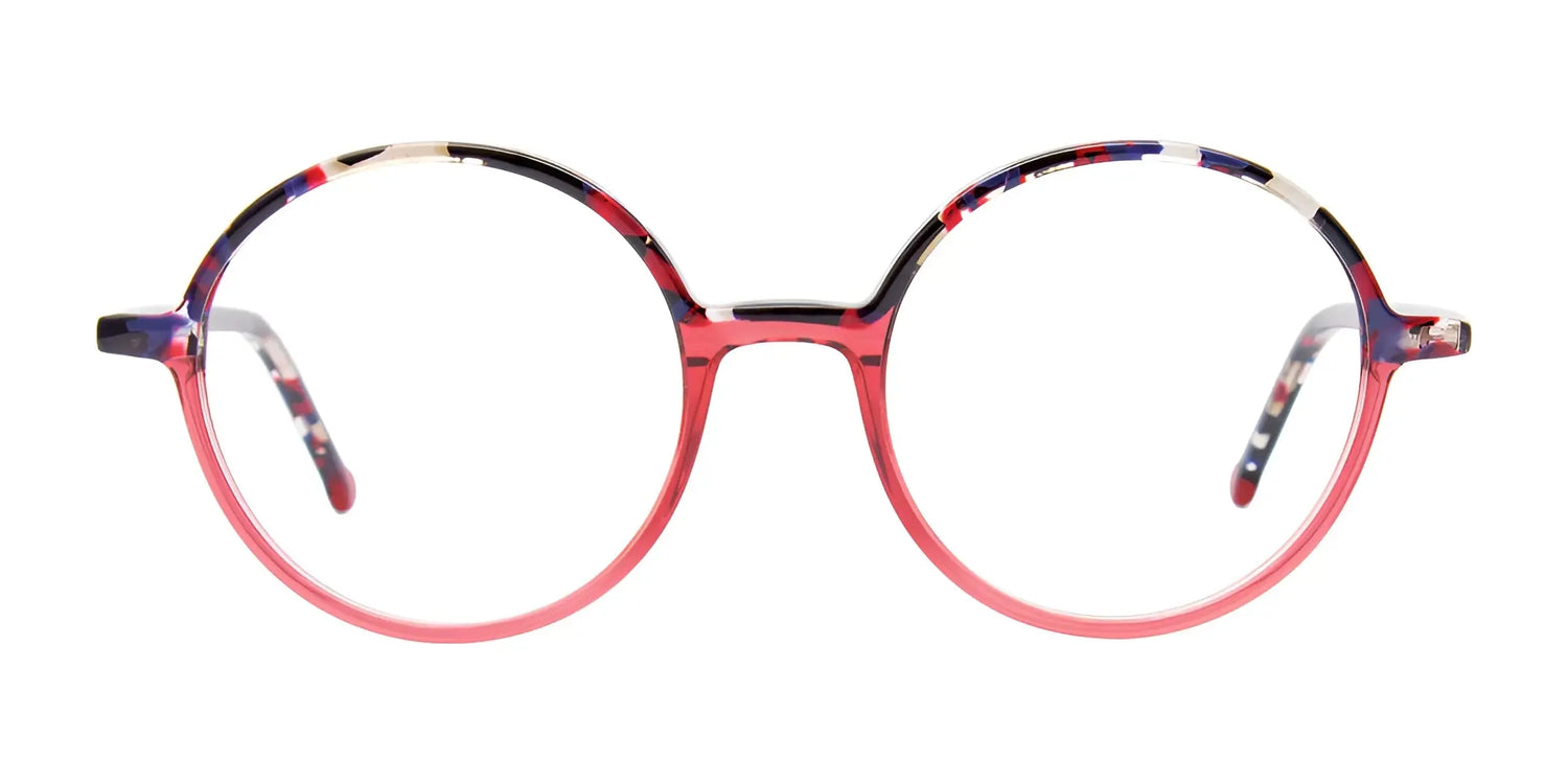 The iCHILL C7041 Eyeglasses | Size 49 feature round full-rim red frames with multicolored accents on the top and temples, are prescription ready, and are stylishly displayed on a white background. The iCHILL C7041 Eyeglasses | Size 49 feature round full-rim red frames with multicolored accents on the top and temples, are prescription ready, and are stylishly displayed on a white background.