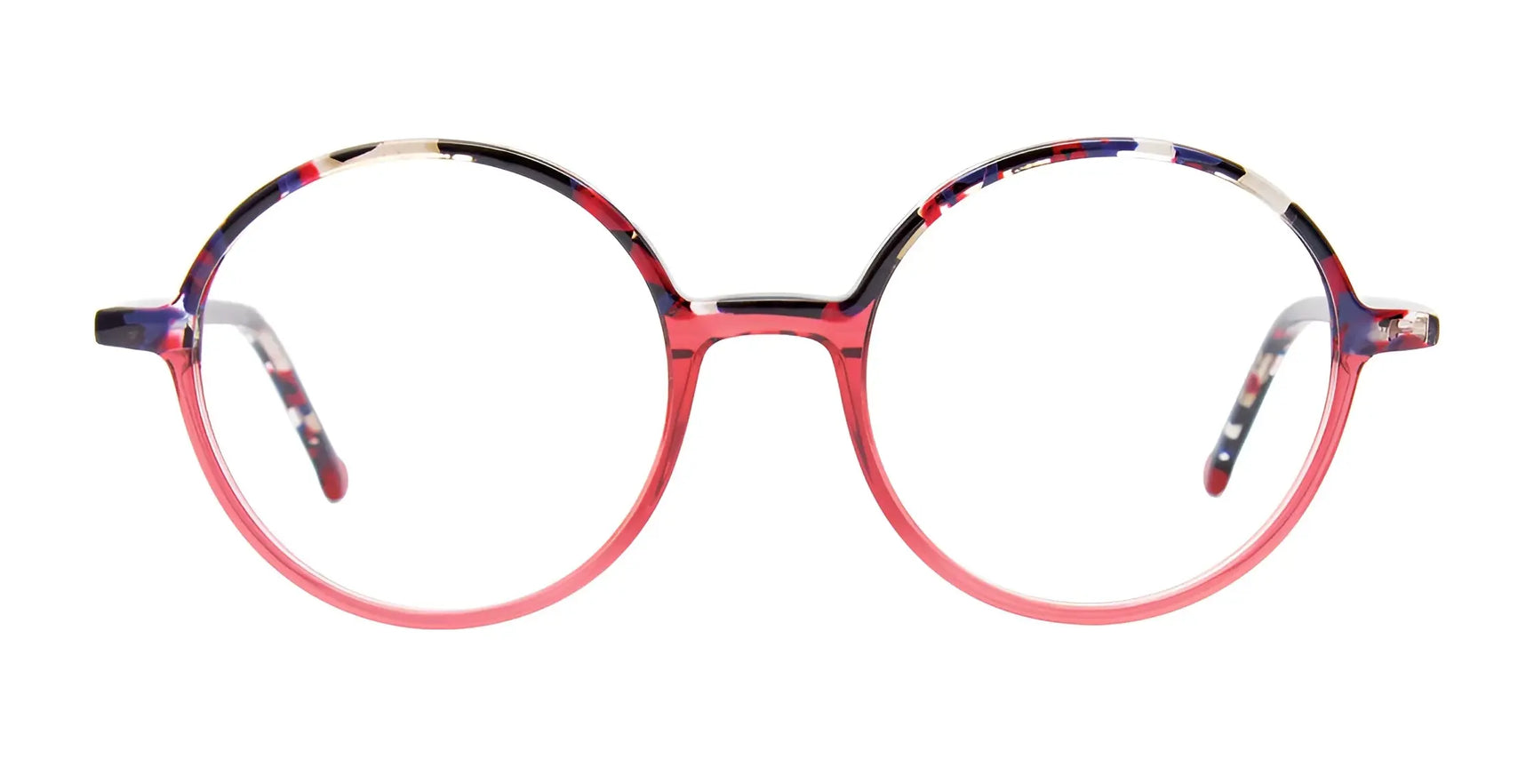 The iCHILL C7041 Eyeglasses | Size 49 feature round full-rim red frames with multicolored accents on the top and temples, are prescription ready, and are stylishly displayed on a white background. The iCHILL C7041 Eyeglasses | Size 49 feature round full-rim red frames with multicolored accents on the top and temples, are prescription ready, and are stylishly displayed on a white background.