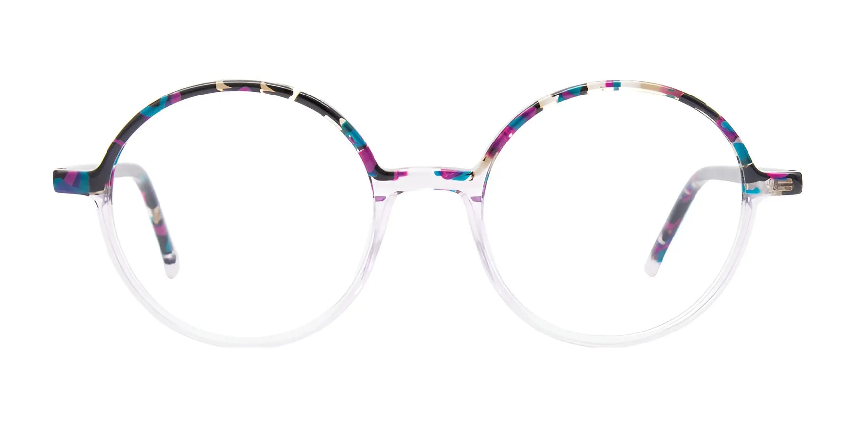 The iCHILL C7041 Eyeglasses | Size 49 by iCHILL feature round, full-rim frames with a colorful speckled pattern and clear lower rims on a white background. These prescription-ready eyeglasses offer vibrant everyday style. The iCHILL C7041 Eyeglasses | Size 49 by iCHILL feature round, full-rim frames with a colorful speckled pattern and clear lower rims on a white background. These prescription-ready eyeglasses offer vibrant everyday style.