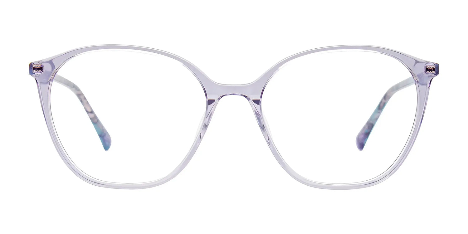 The iCHILL C7050 Eyeglasses | Size 55 by iCHILL feature clear round lenses, thin translucent frames, and subtly purple-tinted arms. Prescription ready and shown on a white background. The iCHILL C7050 Eyeglasses | Size 55 by iCHILL feature clear round lenses, thin translucent frames, and subtly purple-tinted arms. Prescription ready and shown on a white background.