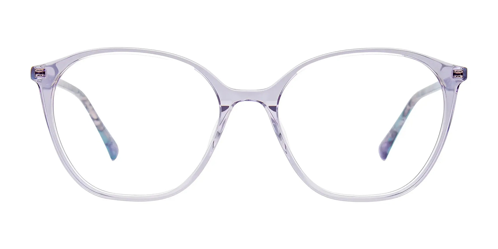 The iCHILL C7050 Eyeglasses | Size 55 by iCHILL feature clear round lenses, thin translucent frames, and subtly purple-tinted arms. Prescription ready and shown on a white background. The iCHILL C7050 Eyeglasses | Size 55 by iCHILL feature clear round lenses, thin translucent frames, and subtly purple-tinted arms. Prescription ready and shown on a white background.