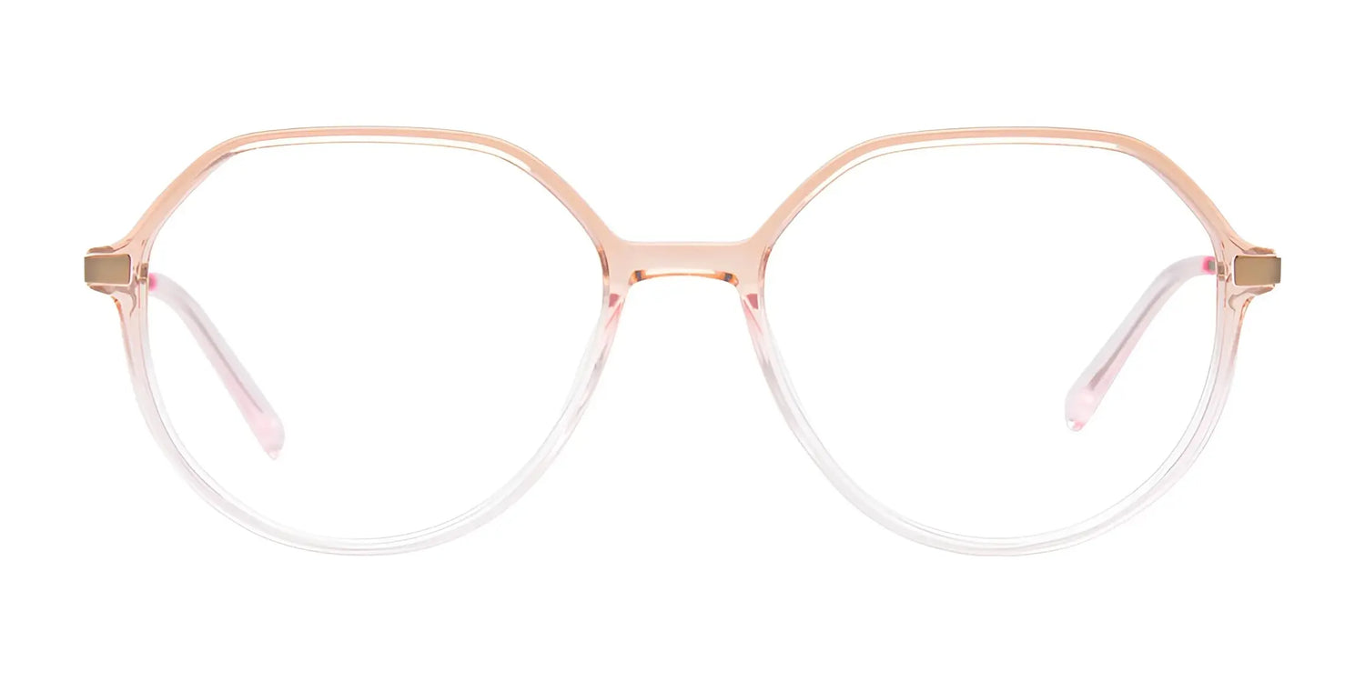 The iCHILL C7051 Eyeglasses | Size 55 by iCHILL feature a translucent pink full-rim hexagonal frame, shown from the front on a white background. The iCHILL C7051 Eyeglasses | Size 55 by iCHILL feature a translucent pink full-rim hexagonal frame, shown from the front on a white background.
