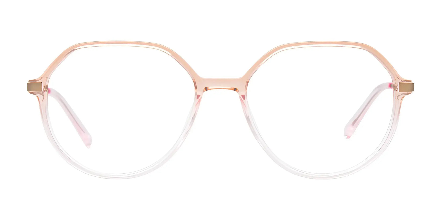The iCHILL C7051 Eyeglasses | Size 55 by iCHILL feature a translucent pink full-rim hexagonal frame, shown from the front on a white background. The iCHILL C7051 Eyeglasses | Size 55 by iCHILL feature a translucent pink full-rim hexagonal frame, shown from the front on a white background.