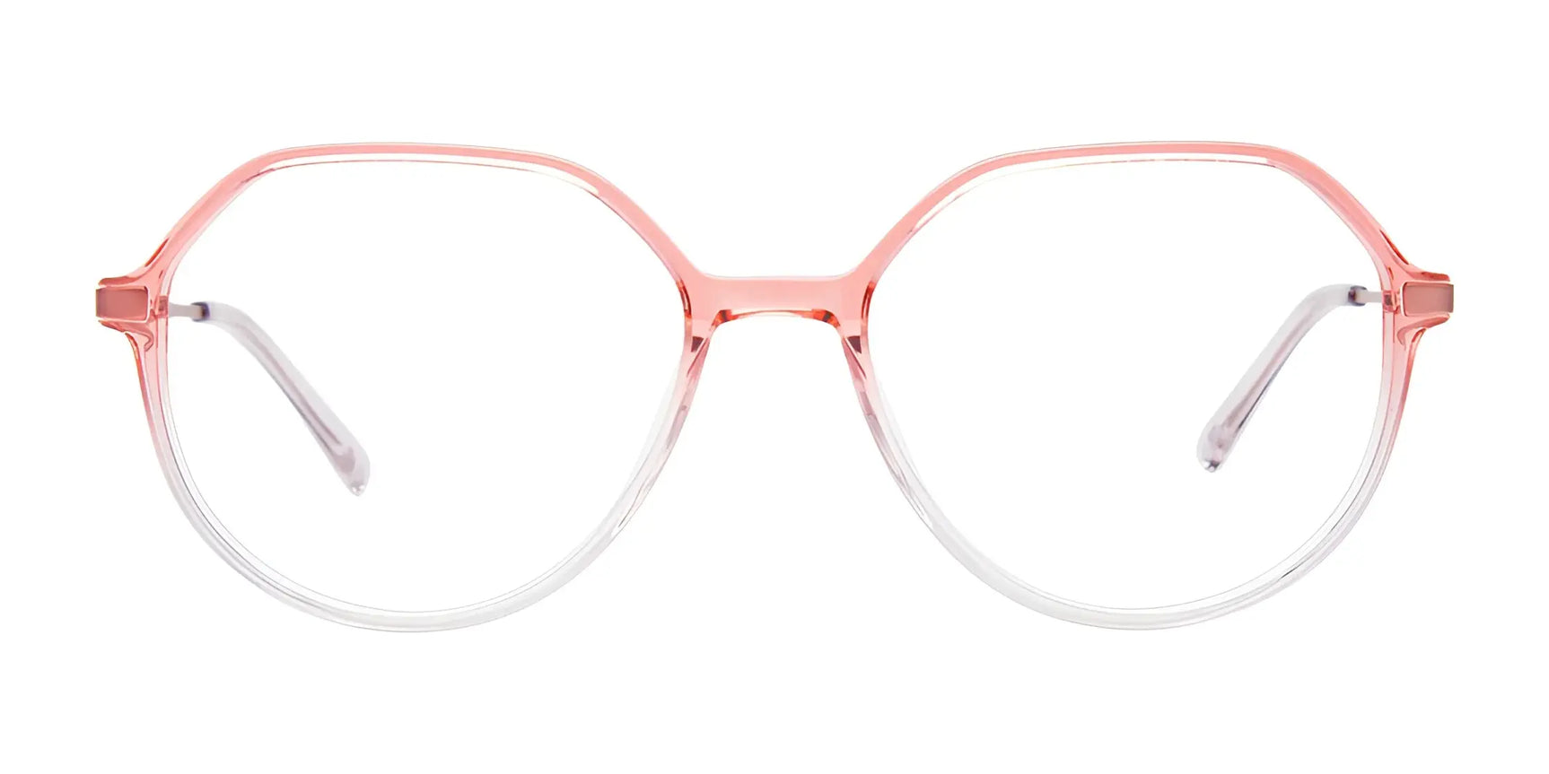 The iCHILL C7051 Eyeglasses | Size 55 feature a pink and clear gradient round design with thin full-rim frames—an ideal, stylish choice from iCHILL. Shown on a white background. The iCHILL C7051 Eyeglasses | Size 55 feature a pink and clear gradient round design with thin full-rim frames—an ideal, stylish choice from iCHILL. Shown on a white background.