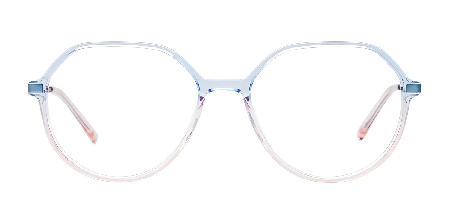 Clear, round full-rim eyeglasses with a subtle blue-to-pink gradient frame, displayed on a white background. A stylish choice from the iCHILL C7051 Eyeglasses | Size 55 collection by iCHILL. Clear, round full-rim eyeglasses with a subtle blue-to-pink gradient frame, displayed on a white background. A stylish choice from the iCHILL C7051 Eyeglasses | Size 55 collection by iCHILL.