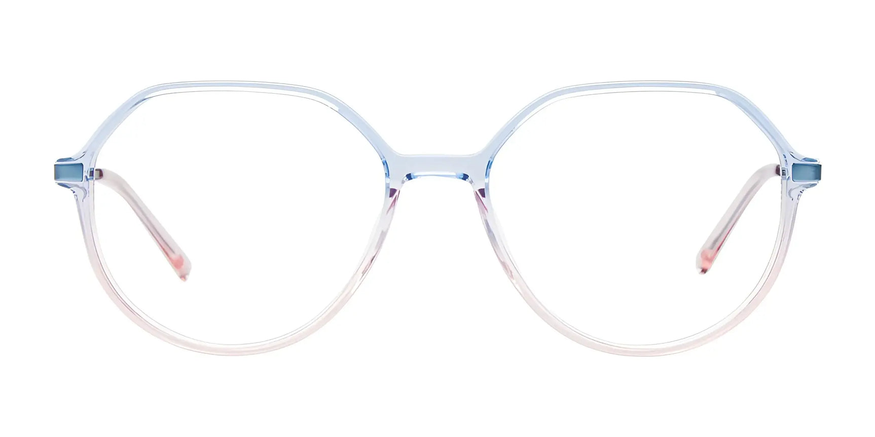 Clear, round full-rim eyeglasses with a subtle blue-to-pink gradient frame, displayed on a white background. A stylish choice from the iCHILL C7051 Eyeglasses | Size 55 collection by iCHILL. Clear, round full-rim eyeglasses with a subtle blue-to-pink gradient frame, displayed on a white background. A stylish choice from the iCHILL C7051 Eyeglasses | Size 55 collection by iCHILL.