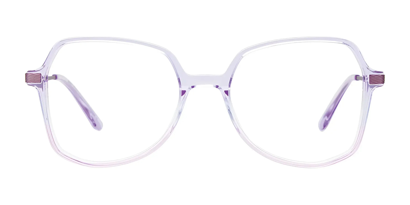The iCHILL C7053 Eyeglasses | Size 51 feature clear, oversized geometric frames with light purple accents, offering standout modern style for women. Shown on a white background. The iCHILL C7053 Eyeglasses | Size 51 feature clear, oversized geometric frames with light purple accents, offering standout modern style for women. Shown on a white background.