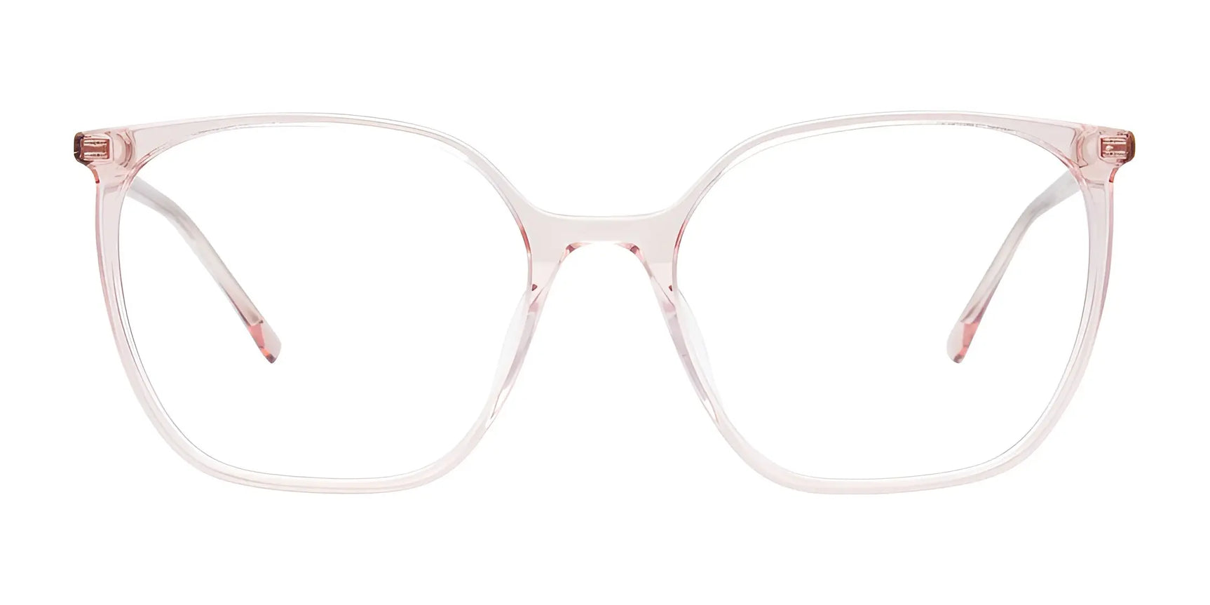 Translucent pink, square iCHILL C7055 Eyeglasses by iCHILL, size 56, with thin arms—fashionable, prescription-ready frames shown on a white background. Translucent pink, square iCHILL C7055 Eyeglasses by iCHILL, size 56, with thin arms—fashionable, prescription-ready frames shown on a white background.