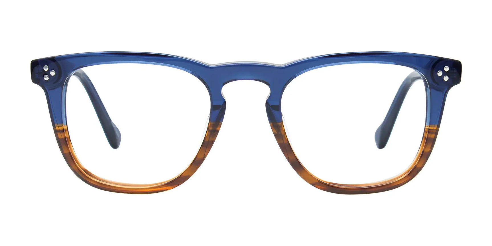The iCHILL C7059 Eyeglasses | Size 48 feature a blue and brown rectangular frame with clear lenses, offering a trendy look. Shown from the front against a white background. The iCHILL C7059 Eyeglasses | Size 48 feature a blue and brown rectangular frame with clear lenses, offering a trendy look. Shown from the front against a white background.