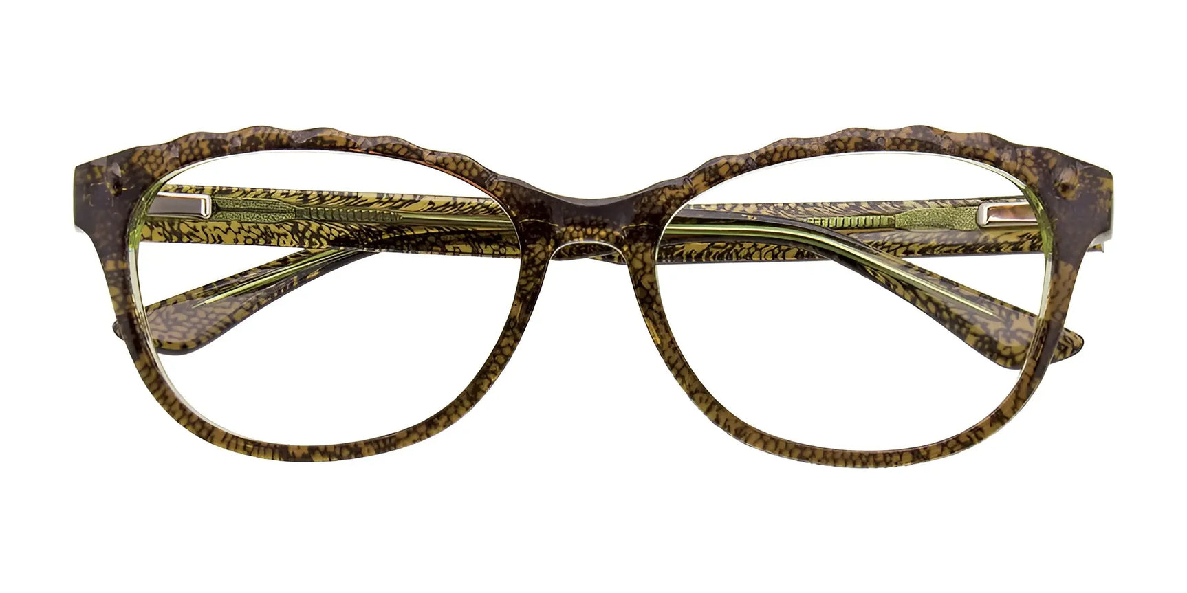 Paradox P5005 Eyeglasses | Size 53 by Paradox feature a brown and green cat eye frame with wavy textured top edges and clear scratch-resistant lenses, shown from the front. Paradox P5005 Eyeglasses | Size 53 by Paradox feature a brown and green cat eye frame with wavy textured top edges and clear scratch-resistant lenses, shown from the front.