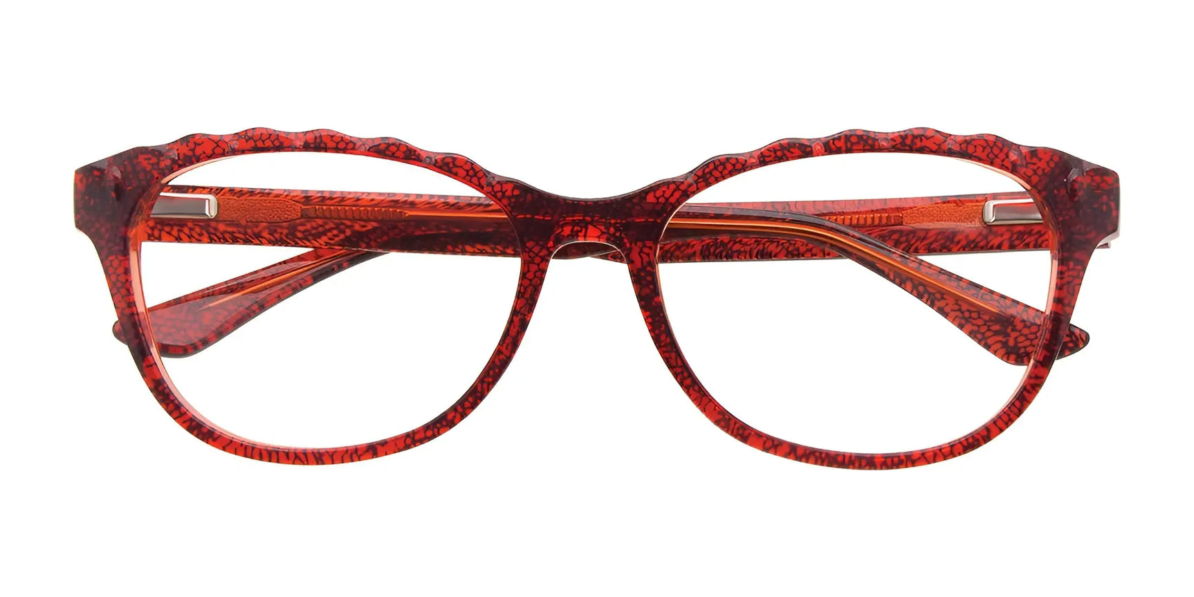 Paradox P5005 Eyeglasses | Size 53 by Paradox feature a red cat eye shape, textured wavy top frame, and clear scratch-resistant lenses, displayed front-facing on a white background. Paradox P5005 Eyeglasses | Size 53 by Paradox feature a red cat eye shape, textured wavy top frame, and clear scratch-resistant lenses, displayed front-facing on a white background.