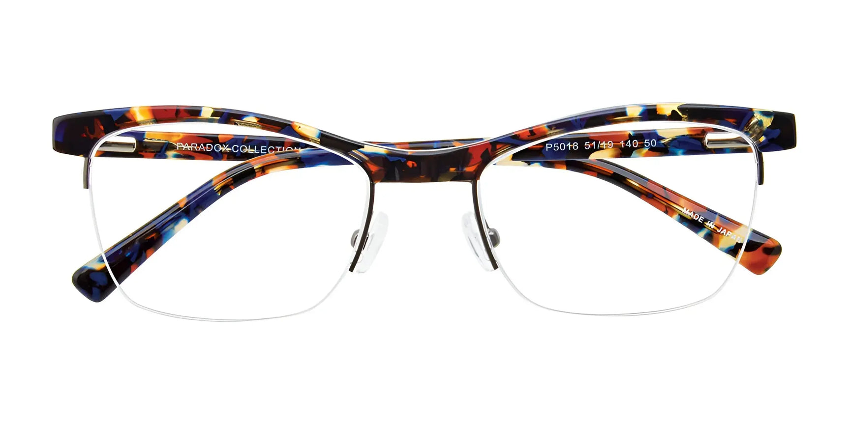 The Paradox P5018 Eyeglasses | Size 51 feature colorful tortoiseshell semi-rimless frames and clear lenses, viewed from the front, for a sophisticated yet luxurious style by Paradox. The Paradox P5018 Eyeglasses | Size 51 feature colorful tortoiseshell semi-rimless frames and clear lenses, viewed from the front, for a sophisticated yet luxurious style by Paradox.