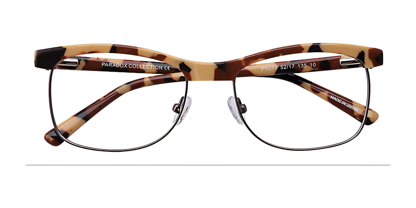 Paradox P5019 Eyeglasses by Paradox in size 52 feature tortoiseshell and metal frames with clear nose pads, shown from the front. Paradox P5019 Eyeglasses by Paradox in size 52 feature tortoiseshell and metal frames with clear nose pads, shown from the front.