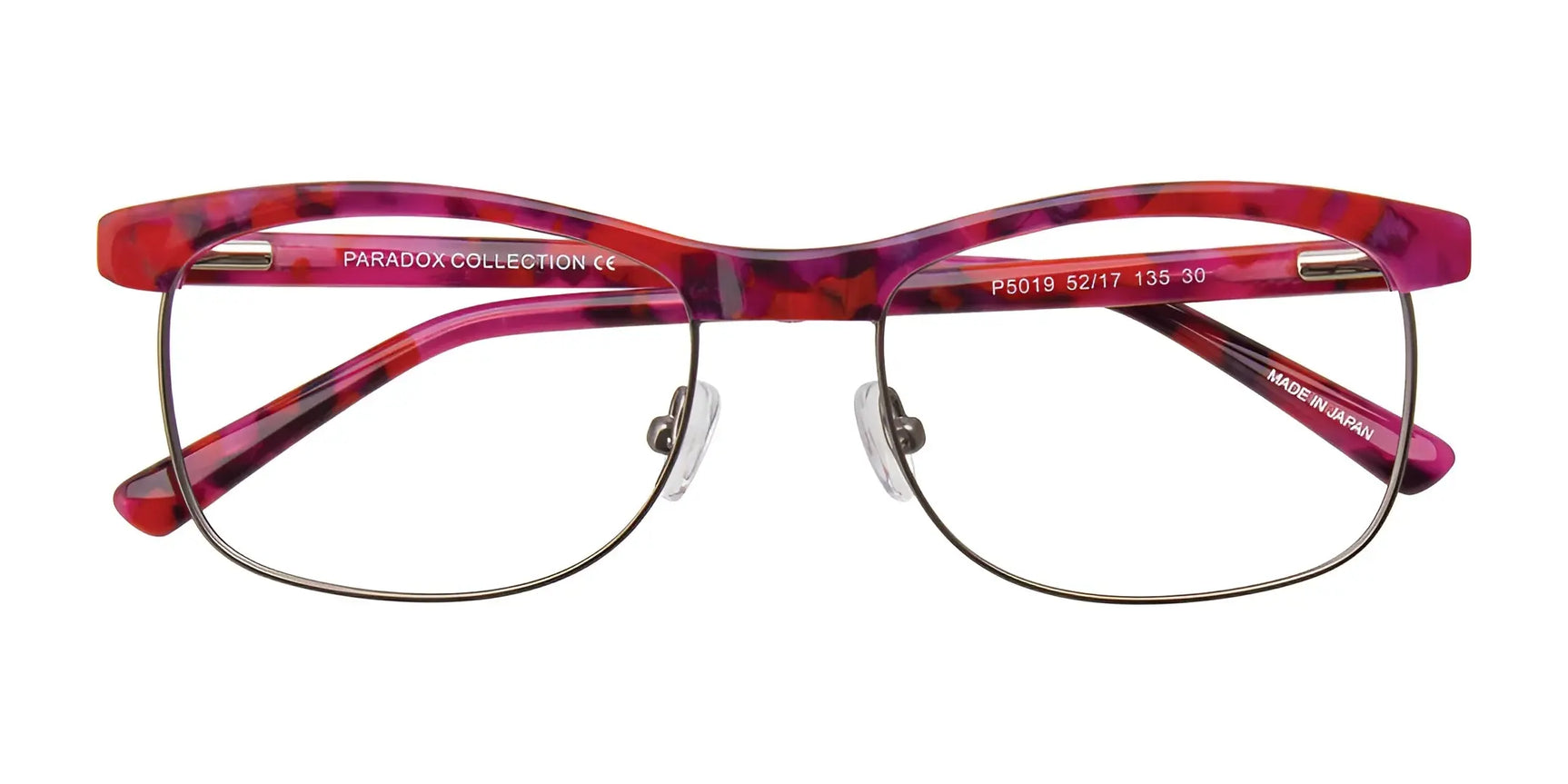 Paradox P5019 Eyeglasses by Paradox feature red and pink tortoiseshell frames with thin metal rims and adjustable nose pads, shown from the front. Size 52. Paradox P5019 Eyeglasses by Paradox feature red and pink tortoiseshell frames with thin metal rims and adjustable nose pads, shown from the front. Size 52.